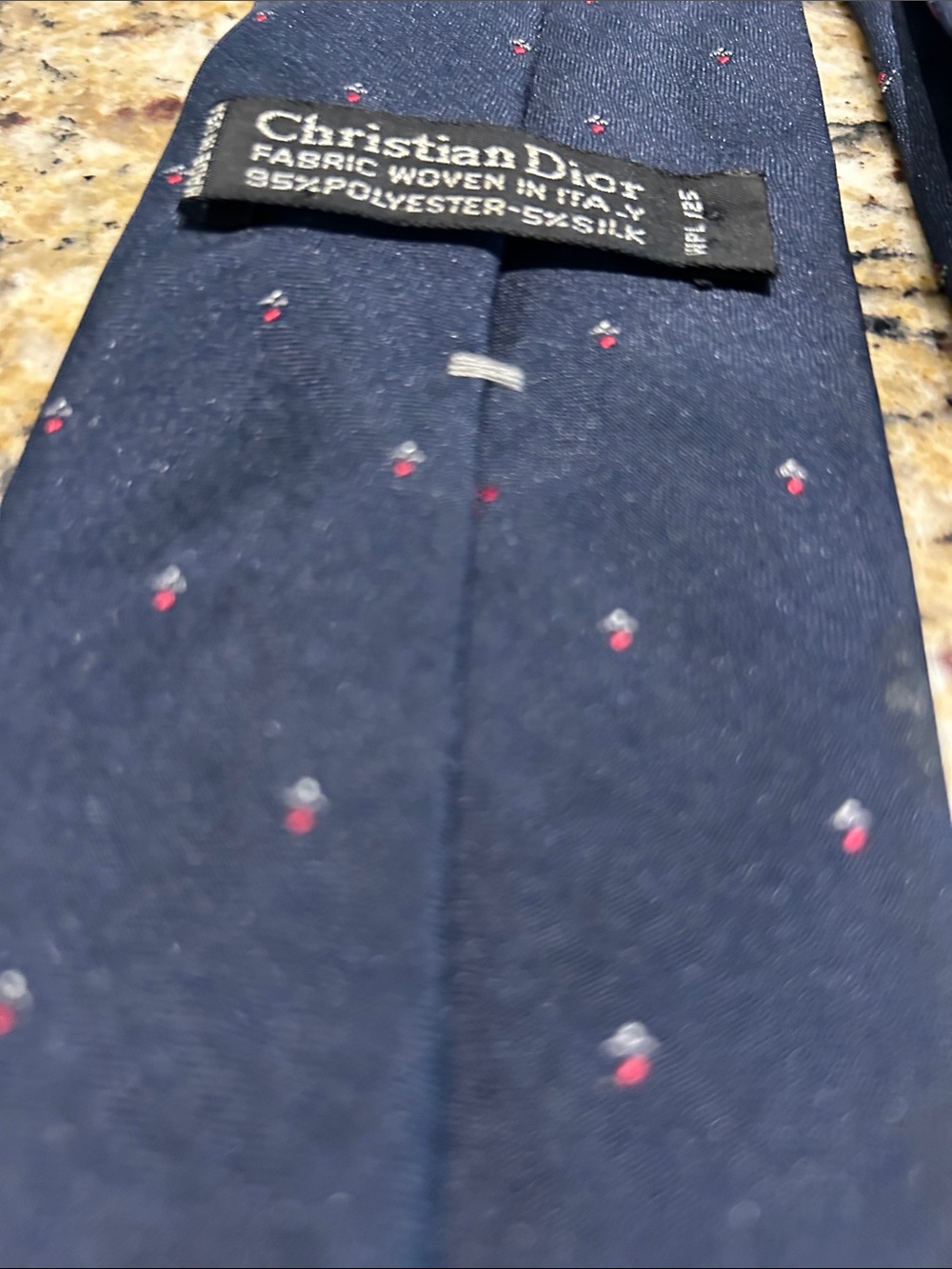 Christian Dior Navy Blue Tie with Small Red Dot Motif - Picture 5 of 5